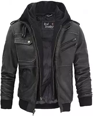 Vintage Bomber Hoodie With Removable Hood Men's Motorcycle Leather Jacket • $124.99