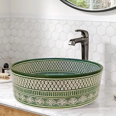 Flower Green Vessel Sink - Countertop Round Sink - Ceramic Bathroom Washbasin • $329