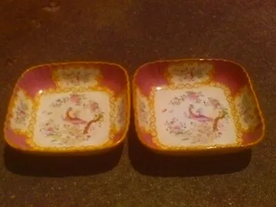 Antique Mintons For T. Goode & Co. Square Bowls In The Pink Cockatrice Pattern. • $175