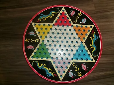 Vintage Round Chinese Dragon Checkers Board Game 12  Colorful Retro Tin Japan • $25