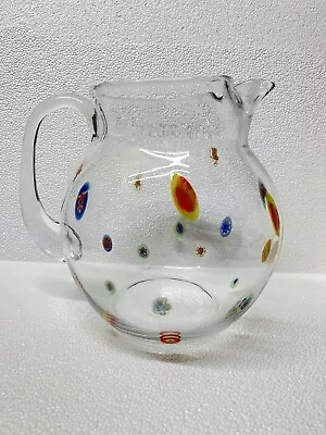 Handblown Murano-Style Clear Glass Bulb Shaped  Millefiori  Pitcher - Large • $58.65