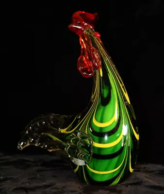 Vintage Colorful Rooster Hand Blown Glass MURANO Green Yellow And Black 8 Inch • $49