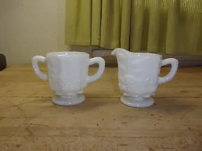 Vintage Westmoreland Milk Glass Creamer & Sugar Bowl Set Paneled Grape Pattern • $3.99