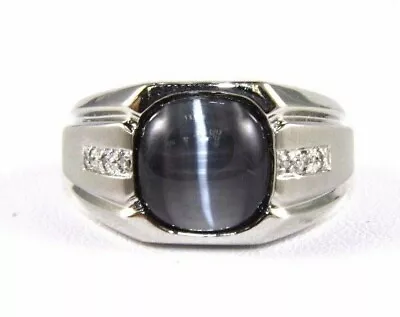 Round Black Cat Eye & Diamond Men's Solitaire Signet Ring 10k White Gold 5.05Ct • $600