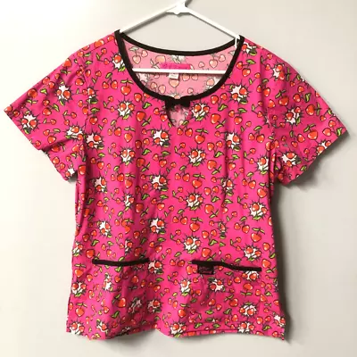 Betsey Johnson Scrub Top Pink Red Comic Book Cherries Valentines Size Large Bow • $22.50