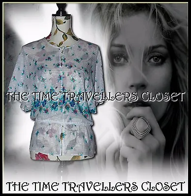 £39.99 • Buy Kate Moss Topshop White Silver Blue Pink Floral Batwing Blouse Sheer Top Uk 12