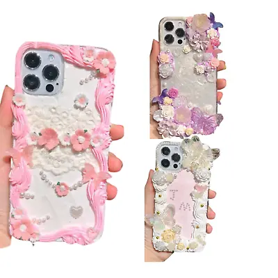 Decoden Phone Case DIY Kit Iridescent Butterfly White Peach Flowers Cream Charm • $23.30