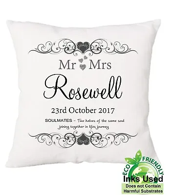  Personalised Wedding Day Mr Mrs Cushion Soulmate Anniversary Cotton Gift 18x18  • £20.50