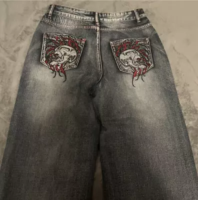 JNCO Style Skull Flames Embroidery Baggy Y2K Grunge Jeans Affliction Flames Wide • $65