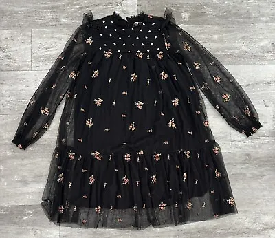 Zara Girls Smocked Black Floral Print Tulle Dress 13/14 • $24