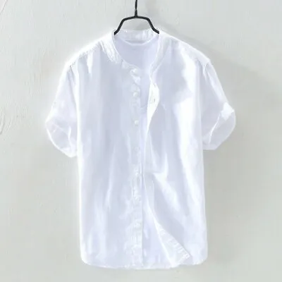 Men's Short Sleeve Linen Shirts Beach Loose Casual Stand Collar Blouse Tee Tops • $18.59