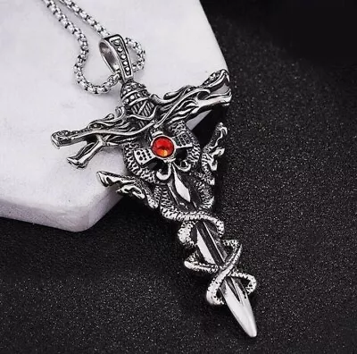 For Men Stainless Steel Vintage Punk Gothic Sword Dragon Pendant Necklace Chain • £6.89