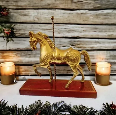 Solid Brass Carousel Horse Wood Base Equestrian Decor Merry-Go-Round Figurine  • $21.99