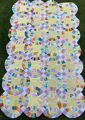 VTG Purple Double Wedding Ring Hand Sewn Scalloped Edge Quilt Top ~94”l X 63”w • $55