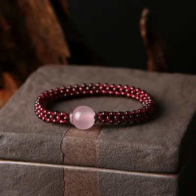 Natural Rose Quartz Garnet Handmade Women Round Beads Healing Reiki Bracelet • $12.50