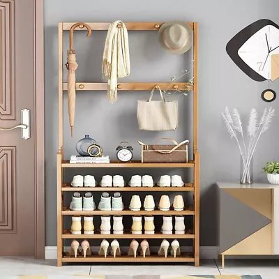 $50.95 • Buy 5 Tiers Vintage Wooden Shoe Rack Storage Organizer Hat Coat Stand Hanger Shelves