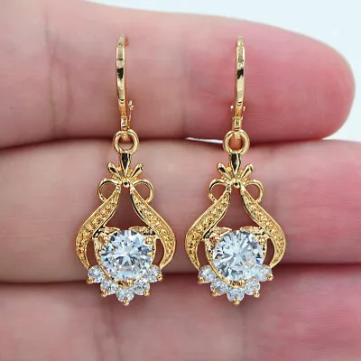 18K Yellow Gold Filled Women Clear Mystic Topaz Palace Flower Dangle Earrings • $2.99