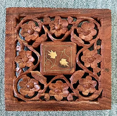 Hand Carved Vintage Wooden Footed Trivet With Inlay Hot Plates Pot Holder India • $11.99