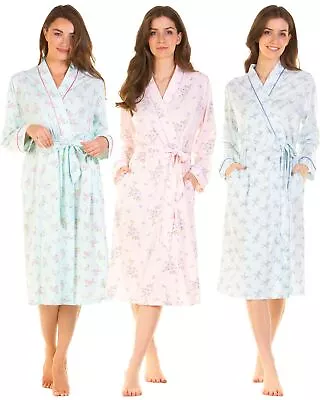 La Marquise Robe Ladies Jersey Cotton Long Sleeve Floral Wrap Dressing Gown • £18.99