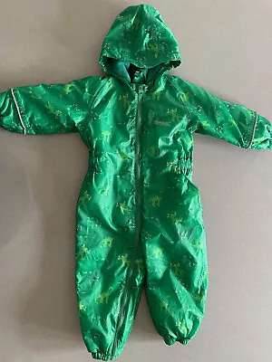 Baby Boy Girl 12-18 Months Regatta Dinosaur Zip Padded Puddle Suit Waterproofs • £12