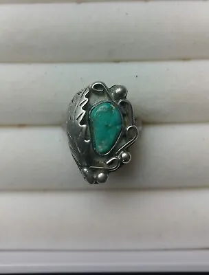 Vintage Native American Sterling Silver Turquoise Ring Leaf Accent ! Size 6-1/2  • $49.99