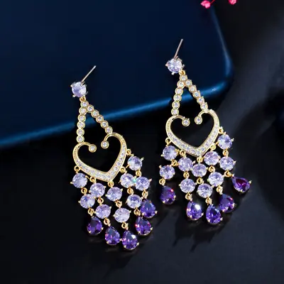 Round Charms CZ Long Tassel Dangle Drop Chandelier Earrings Yellow Gold Jewelry • £13.43