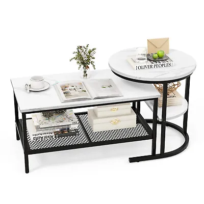 Nesting Coffee Table Set Of 2 Detachable Table Faux Marble Top Round End Table • $109.95
