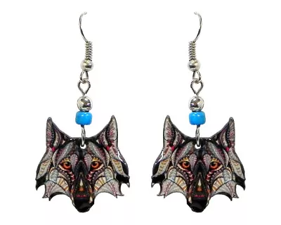 Tribal Wolf Face Earrings Gray Geometric Pattern Spirit Animal TrippyArt Jewelry • $13.99