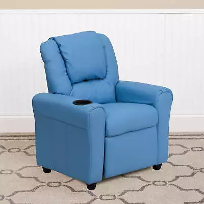 Contemporary Light Blue Vinyl Kids Recliner With Cup Holder And Headrest • $143.04