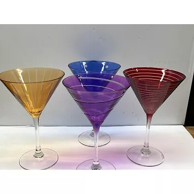 Set Of Four (4) Mikasa Cheers Martini Glasses Preowned Red Blue Purple Golden • $19