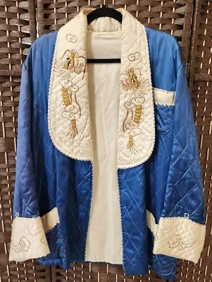 Antique Japanese Silk Smoking Jacket Embroidered Blue And Silver Dragons Medium • $98