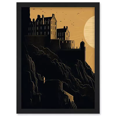 Edinburgh Castle At Sunset Linocut Illustration Framed Wall Art Picture Print A4 • £18.99