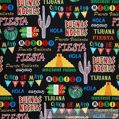 BonEful FABRIC FQ Cotton Quilt B&W Rainbow Mexican Cinco De Mayo Cactus Fiesta  • $7.18