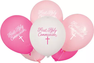 FIRST HOLY COMMUNION BALLOONS - 8 X PINK & WHITE - DECORATIONS - GIRL - Helium • £3.25