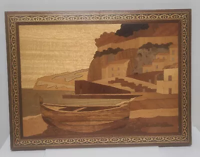 Vintage Inlaid Wood Marquetry Wall Art Landscape & Boat Scene Houses On Hillside • $39.99