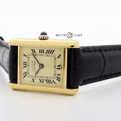 Cartier Must De Cartier Tank Vermiel White Dial Manual Wind Black Leather • $1495