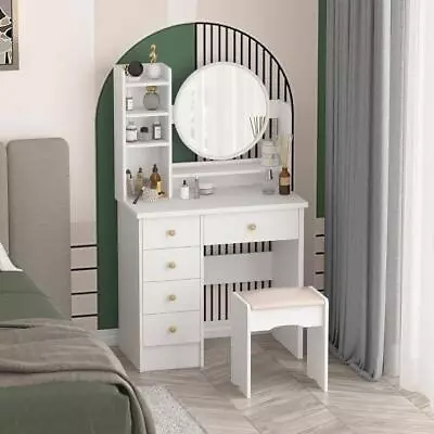 Makeup Vanity Table Set Rounded Mirror 5 Drawers Makeup Dressing Desk With Stool • $131.95