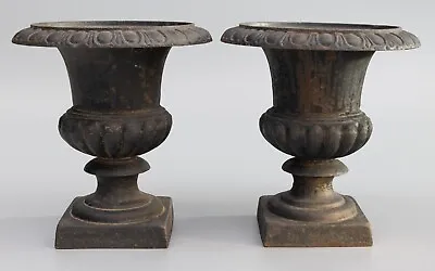 Pair Antique French Neoclassical Black Cast Iron Urns Planters Jardinieres 9.75  • $796