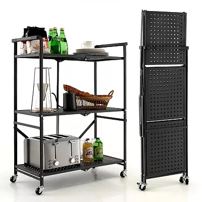 Foldable Storage Shelves On Wheels 3-Tier Heavy-Duty Steel Rack Shelving Units • £44.95