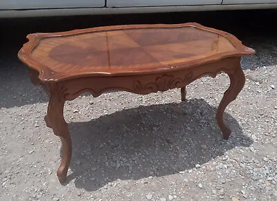 Mahogany Carved Inlaid Top Coffee Table With Glass Serving Tray  (CT312) • $499