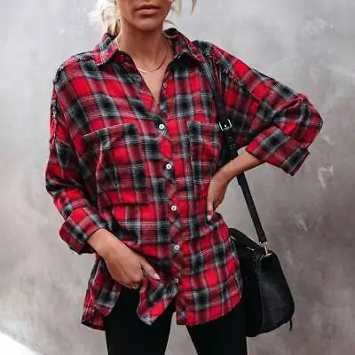 Womens Plaid Check Shirts Ladies Tartan Button Down Long Sleeve Blouse Tops Size • £11.87