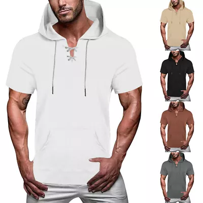 Mens Hooded T Shirt Short Sleeve Hoodie Fit Tee Regular Casual Sports Tops • £10.99