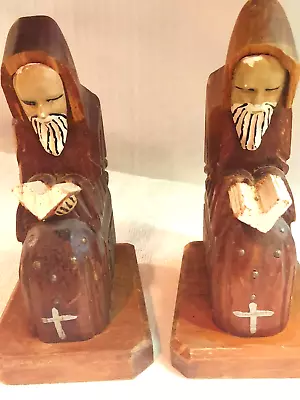 Vintage Hand Carved Wood Monk Bookends  • $14.90