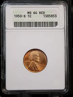 1950 S Lincoln Wheat Cent Penny ANACS MS64 Red PQ! Soap Box Holder • $15