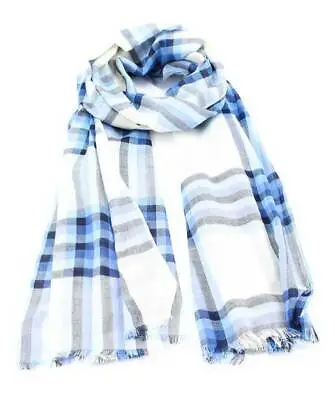 Pure Cotton Large Checked Tartan Plaid Scarf/Stole/Shawl Blue/White Women Men • £8.09