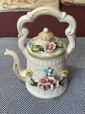 Large Vintage Capodimonte Embossed Floral Ceramic Tea Pot On Feet 1213/23 • £25.95