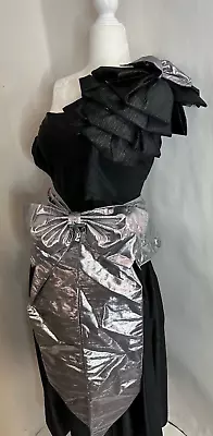 Vintage 80s Foil Silver Black Metallic Bow Costume Prom Party Cocktail Dress XS • $299.99