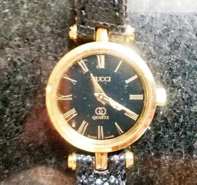 Fine Jewelry Women Vintage Watch Italian Gucci Gold Crystal Black Leather Band • $189