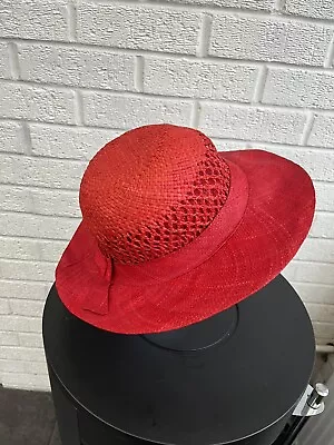 Madaraff Madagascar Rafia Bright Red Wide Brim Straw Packable Handmade Sun Hat • £10