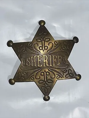 SHERIFF Fancy Scrollwork Raised Letters Brass Star Badge Old West 3  Badge NEW • $12.99